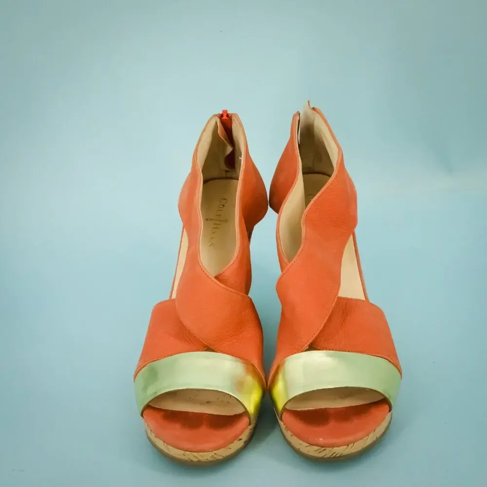 Cole Haan Size 8.5 Orange Gold Metallic Leather Back Zip Cork Wedge Heel Sandals